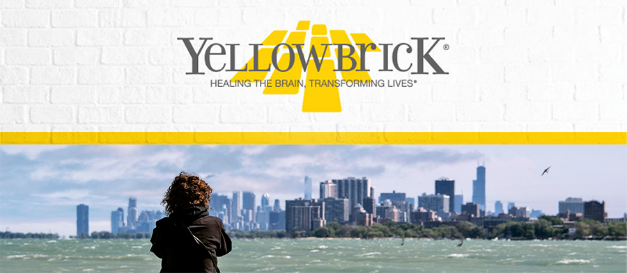 Yellowbrick: Healing the brain, Transforming lives. Logo above image of person looking across body of water to a cityscape.