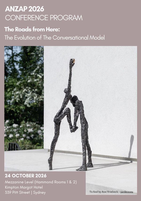 Conference program cover for ANZAP 2026. The Roads from Here: The Evolution of the Conversational Model. 24 October 2026, Mezzanine Level, Kimpton Margot Hotel, Sydney